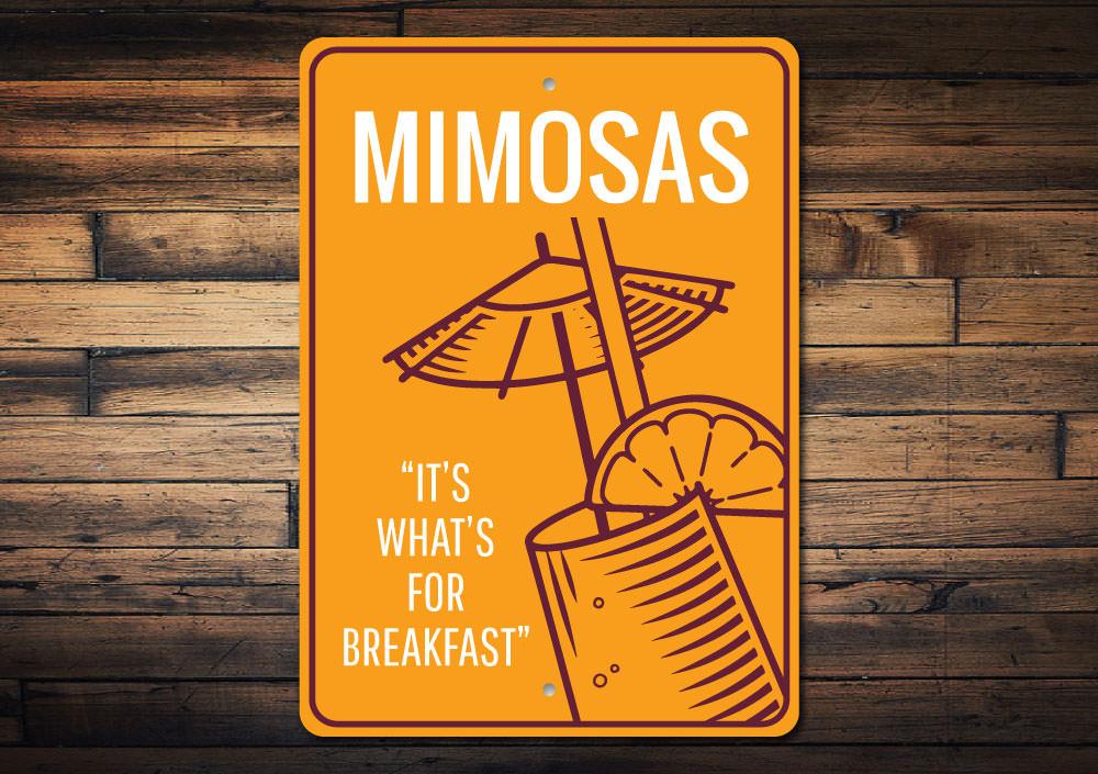 A decorative Mimosas Sign made of high-quality aluminum, featuring vibrant colors and customizable text, perfect for home decor.