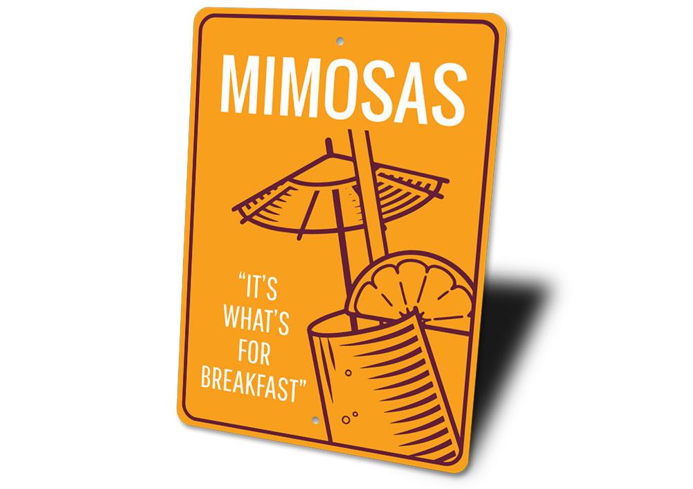 A decorative Mimosas Sign made of high-quality aluminum, featuring vibrant colors and customizable text, perfect for home decor.