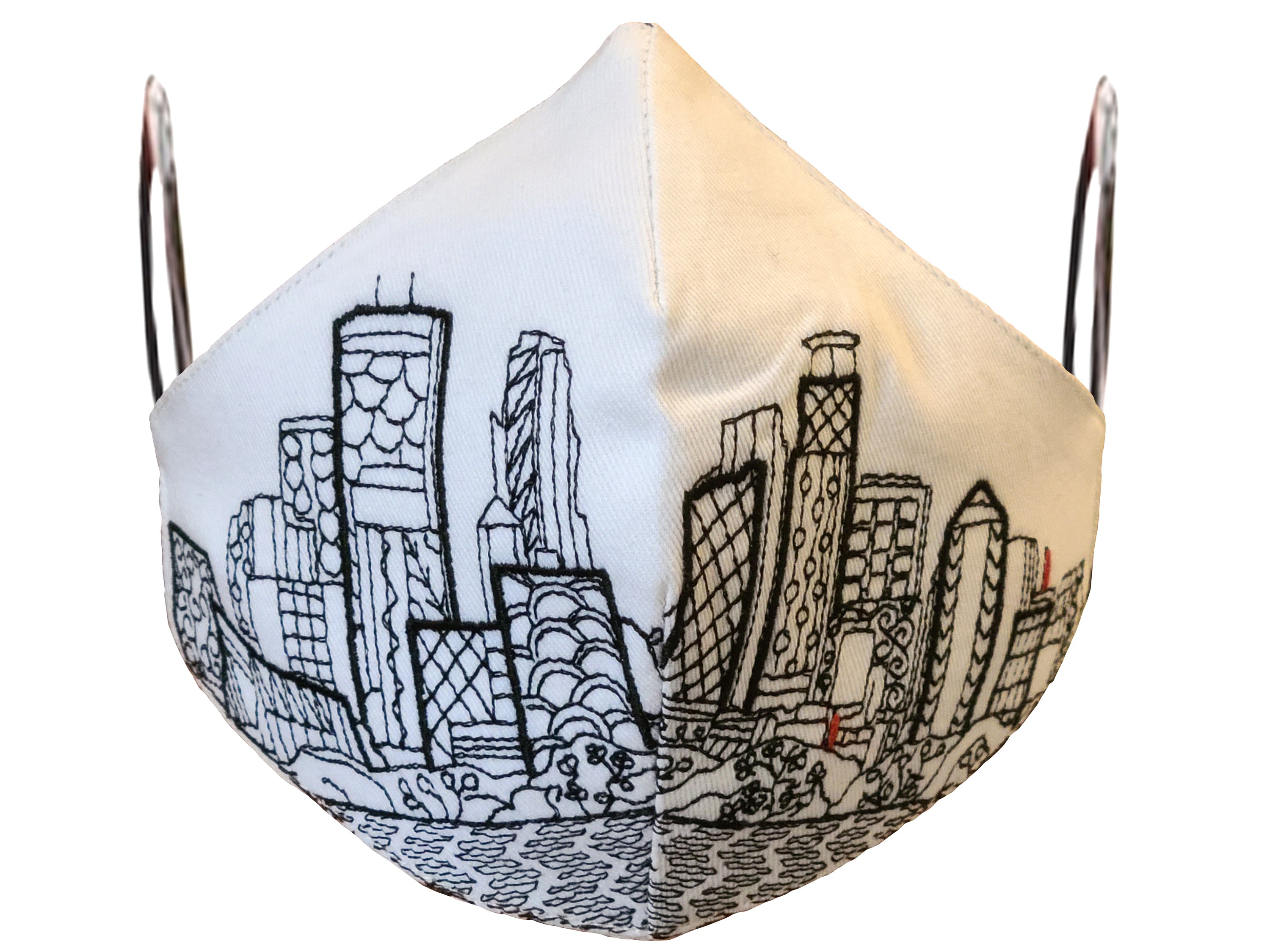 Minneapolis skyline embroidered face mask made of linen and cotton, featuring soft cotton lining and elastic loops for a comfortable fit.