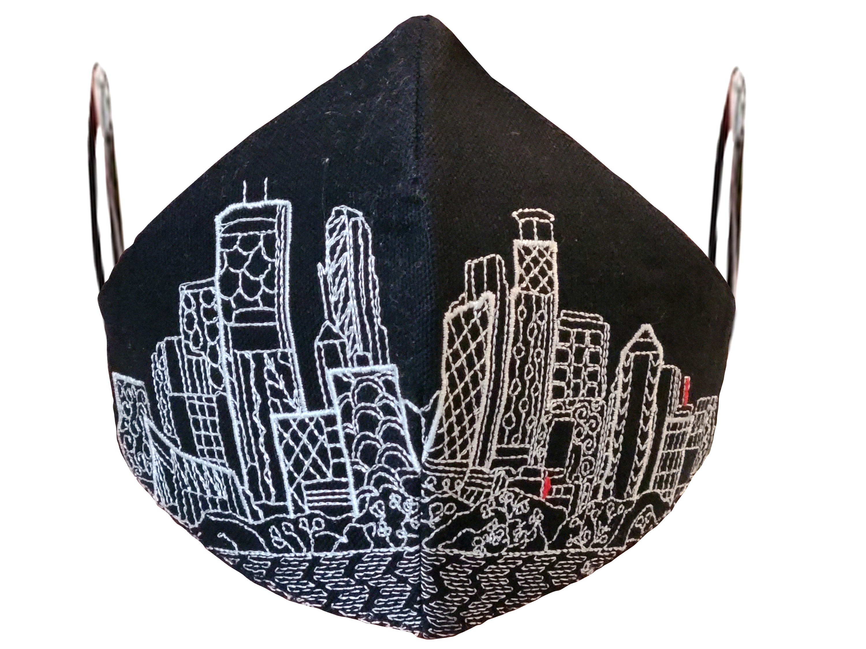 Minneapolis skyline embroidered face mask made of linen and cotton, featuring soft cotton lining and elastic loops for a comfortable fit.