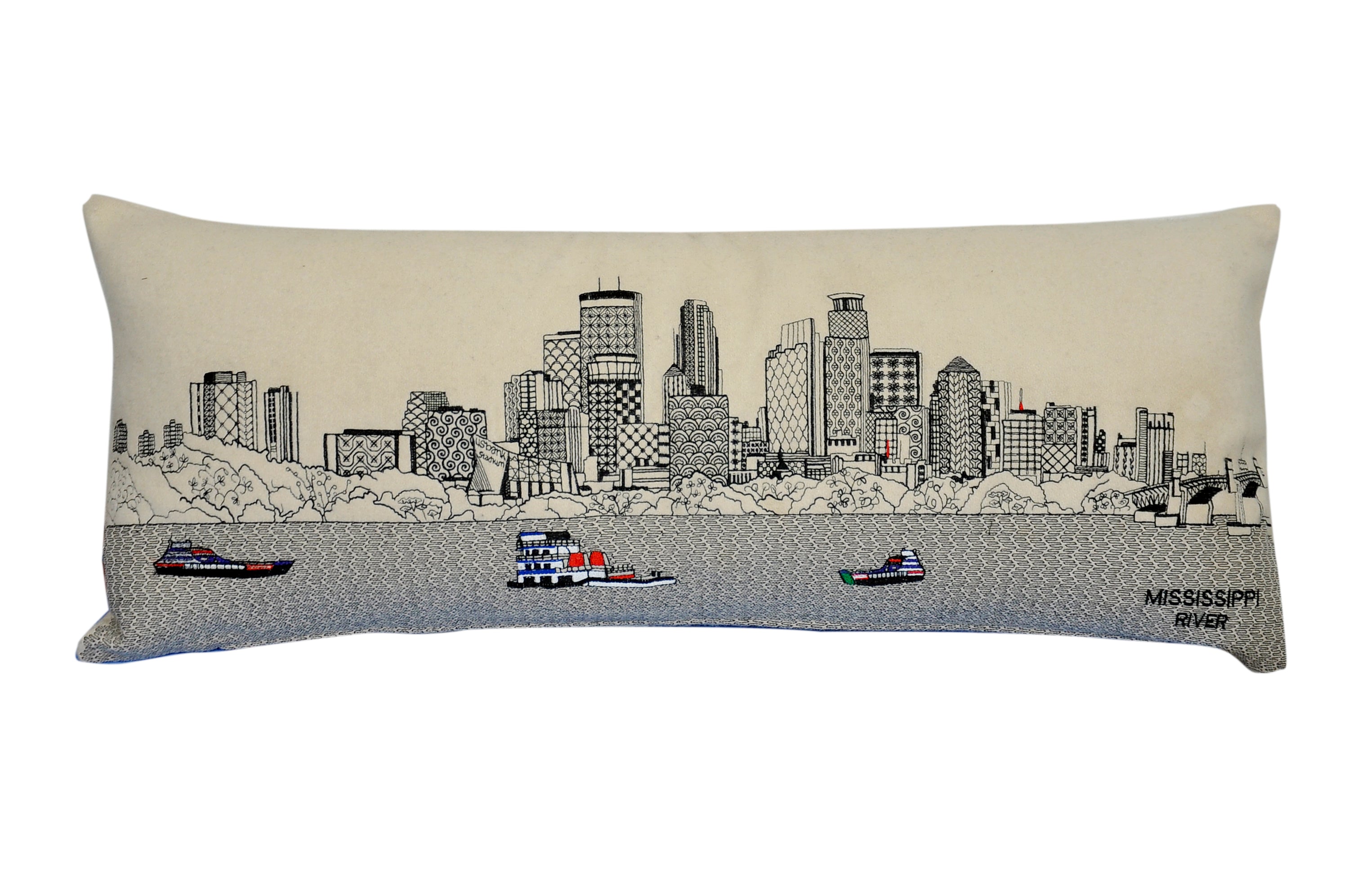 Minneapolis Pillow featuring embroidered landmarks like Foshay Tower and US Bank Stadium, with a red zipper at the bottom.