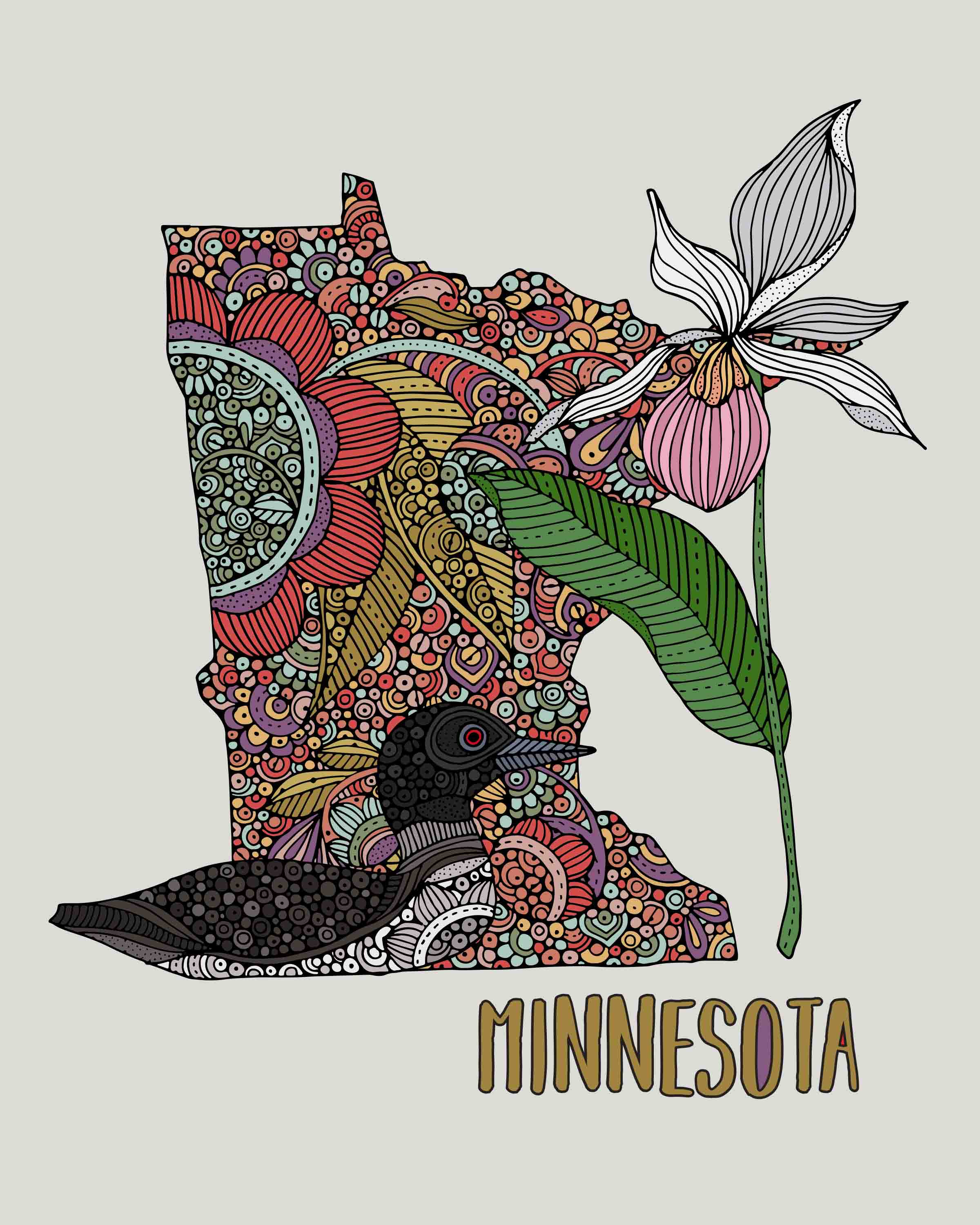 A vibrant Minnesota State Map artwork printed on heavy matte cardstock, showcasing detailed landmarks and colors.