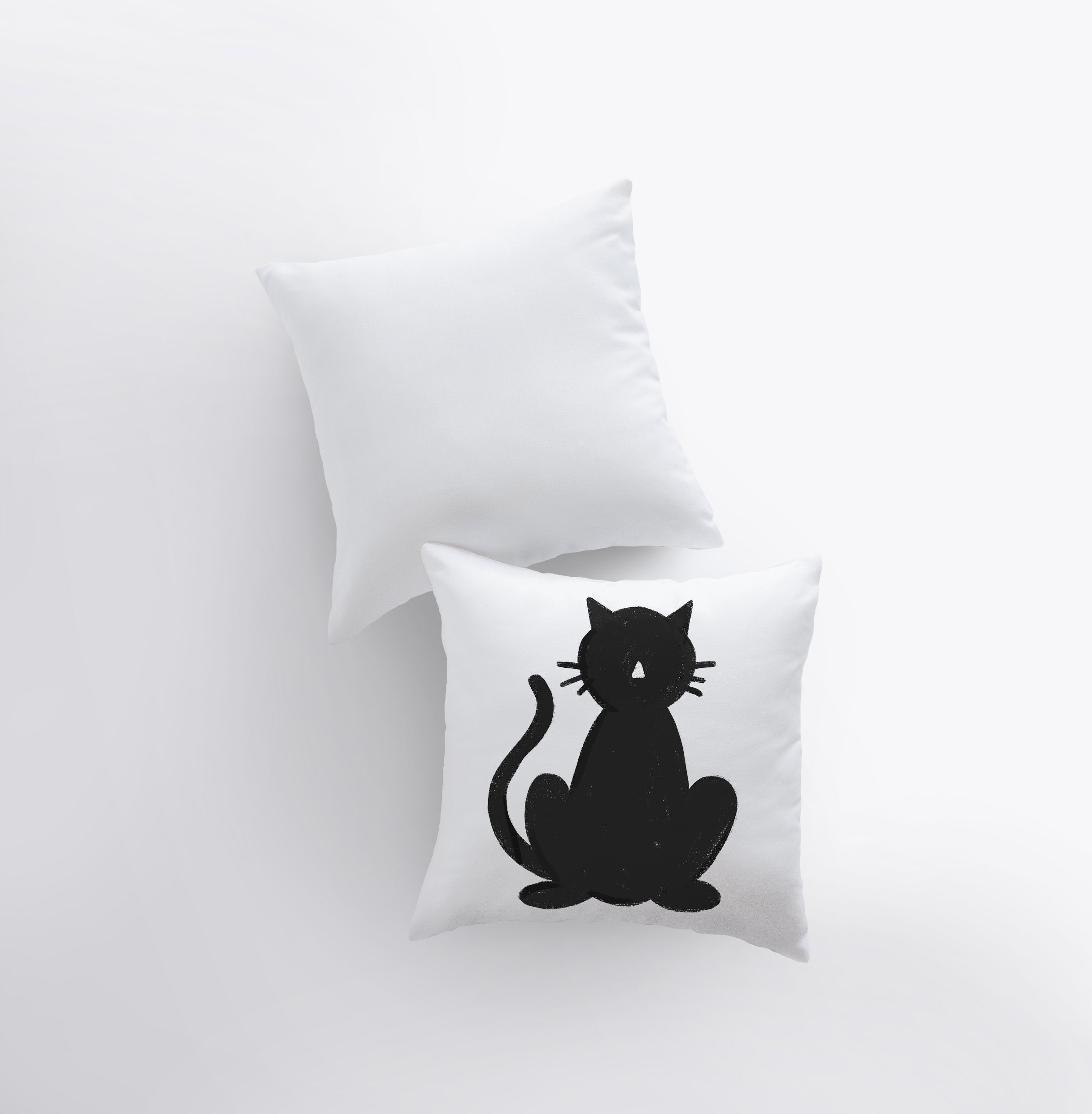 MINI Black Cat on White Pillow Cover featuring a whimsical black cat design on a white background, perfect for fall décor.