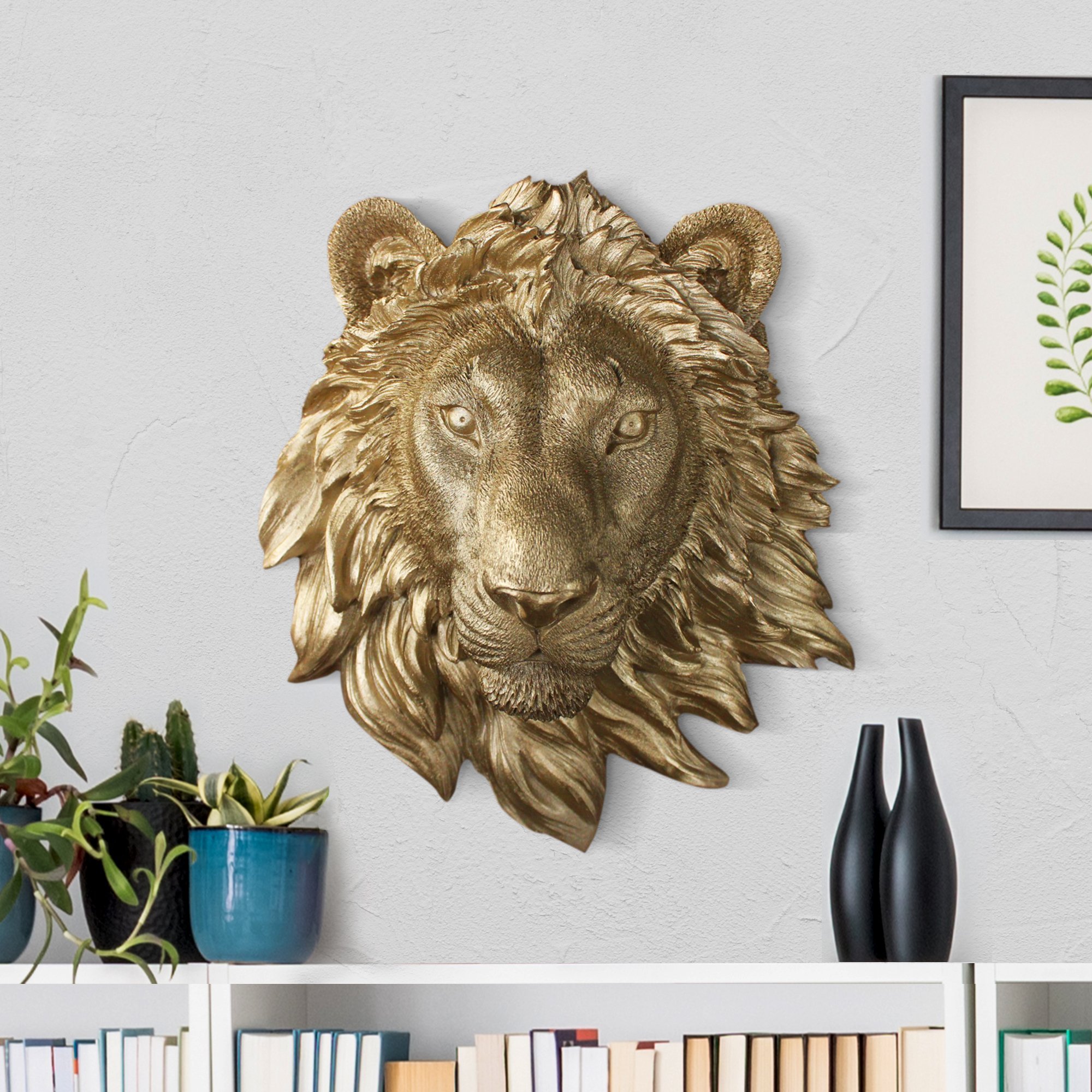 A beautifully hand-painted Mini Gold Lion, 9 inches tall, made from eco-friendly resin, showcasing intricate details and a chic design.