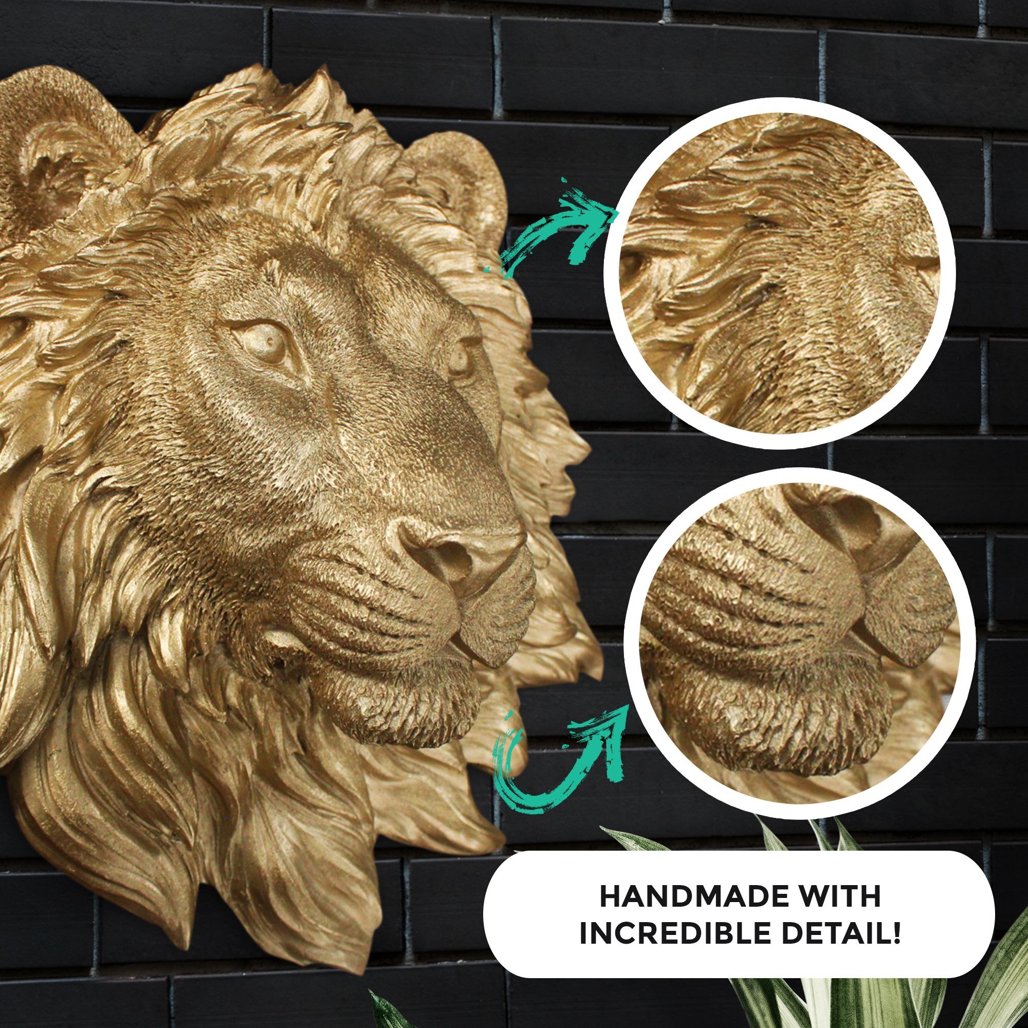 A beautifully hand-painted Mini Gold Lion, 9 inches tall, made from eco-friendly resin, showcasing intricate details and a chic design.