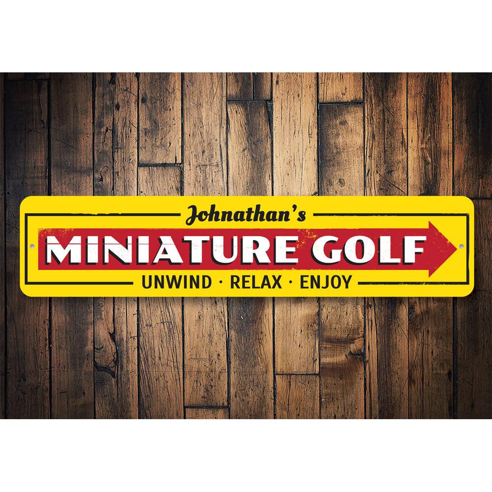 A customizable Mini Golf Sign made from high-quality aluminum, featuring pre-drilled holes for easy mounting.