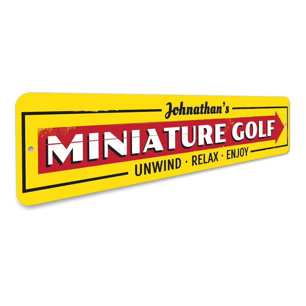 A customizable Mini Golf Sign made from high-quality aluminum, featuring pre-drilled holes for easy mounting.