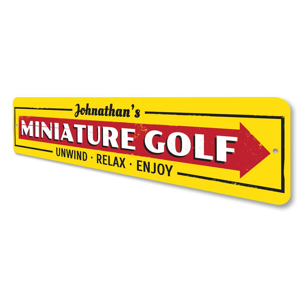 A customizable Mini Golf Sign made from high-quality aluminum, featuring pre-drilled holes for easy mounting.