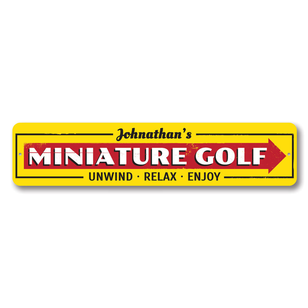 A customizable Mini Golf Sign made from high-quality aluminum, featuring pre-drilled holes for easy mounting.