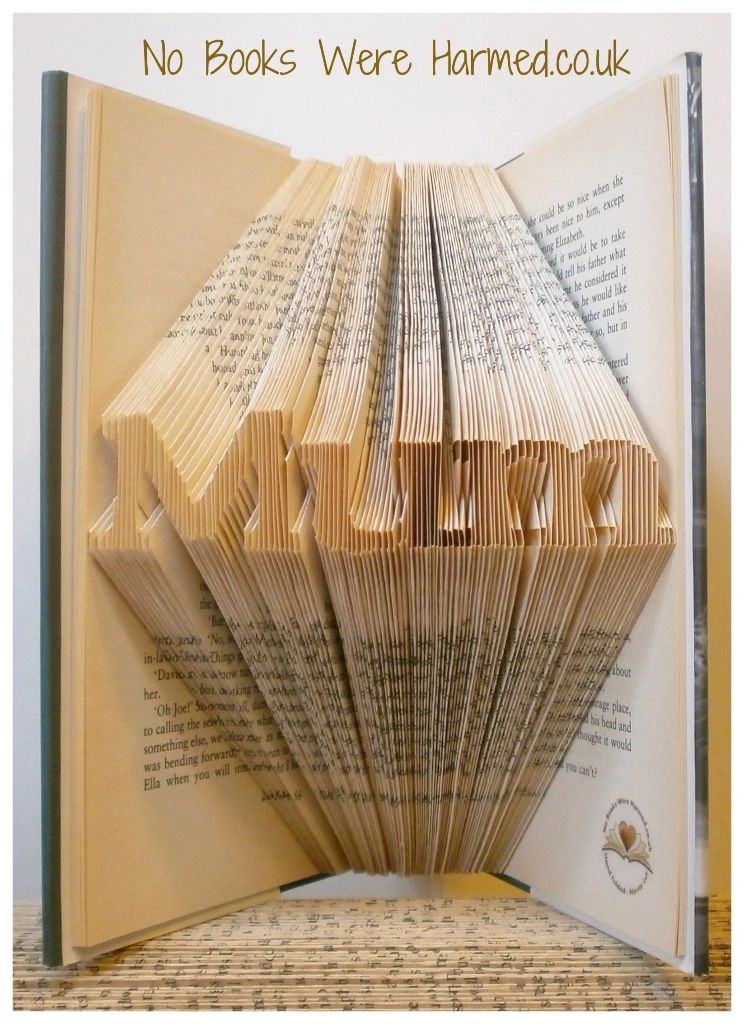 Mini 'Mum' book art piece, hand-folded from vintage book pages, showcasing unique design and craftsmanship.