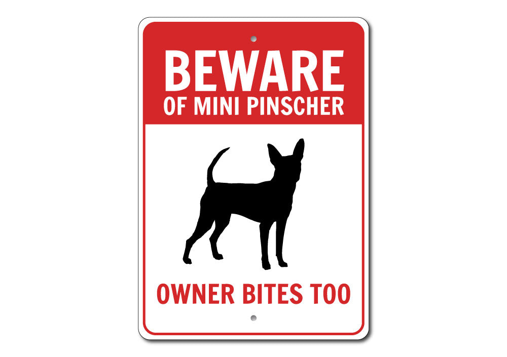 A decorative Mini Pinscher sign made of aluminum, showcasing a charming design perfect for home decor.