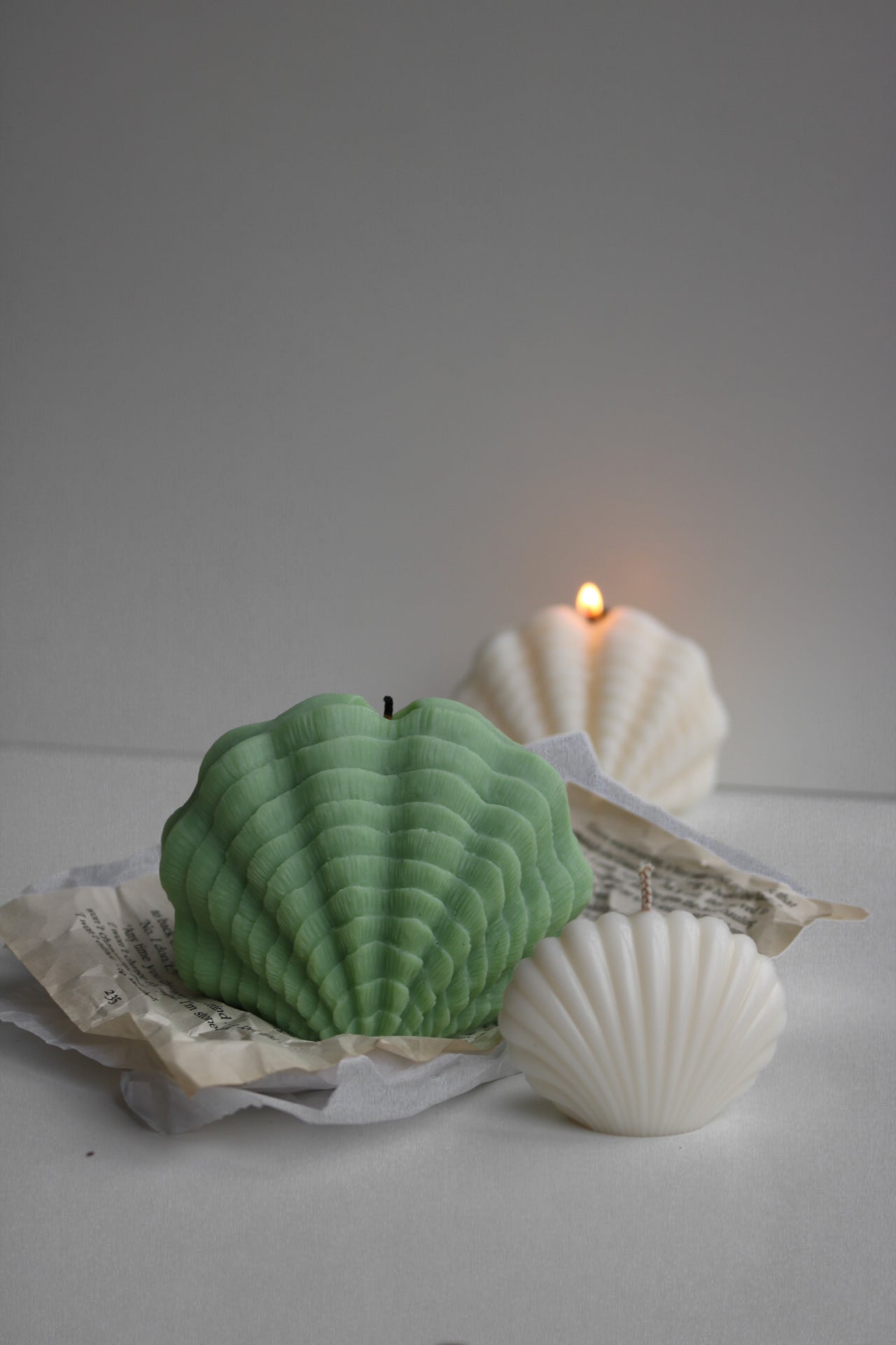 A hand-poured Mini Shell candle in soft cream/white color, showcasing its sculptural design and elegant finish.