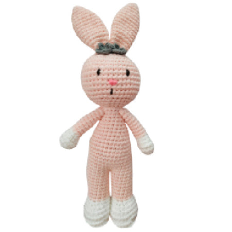 Crocheted pink bunny toy.