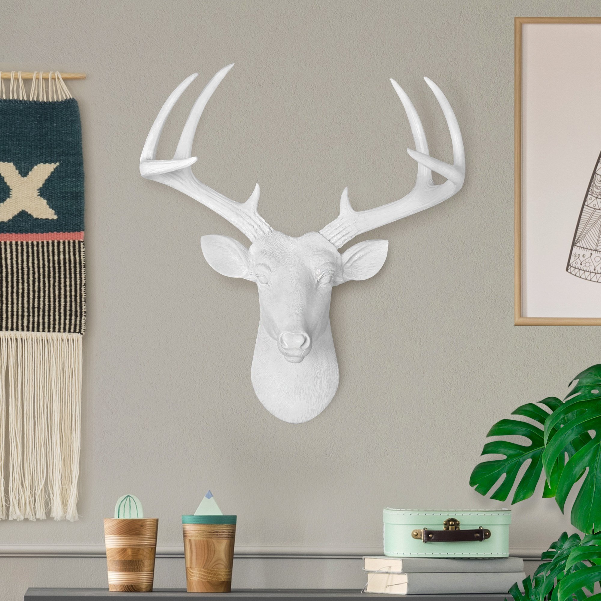 Mini White Deer Head decor, 14 inches tall, crafted from eco-friendly resin with hand-finished details and labeled antlers for easy assembly.