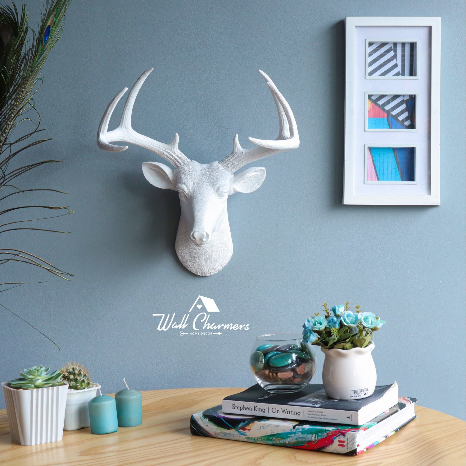 Mini White Deer Head decor, 14 inches tall, crafted from eco-friendly resin with hand-finished details and labeled antlers for easy assembly.