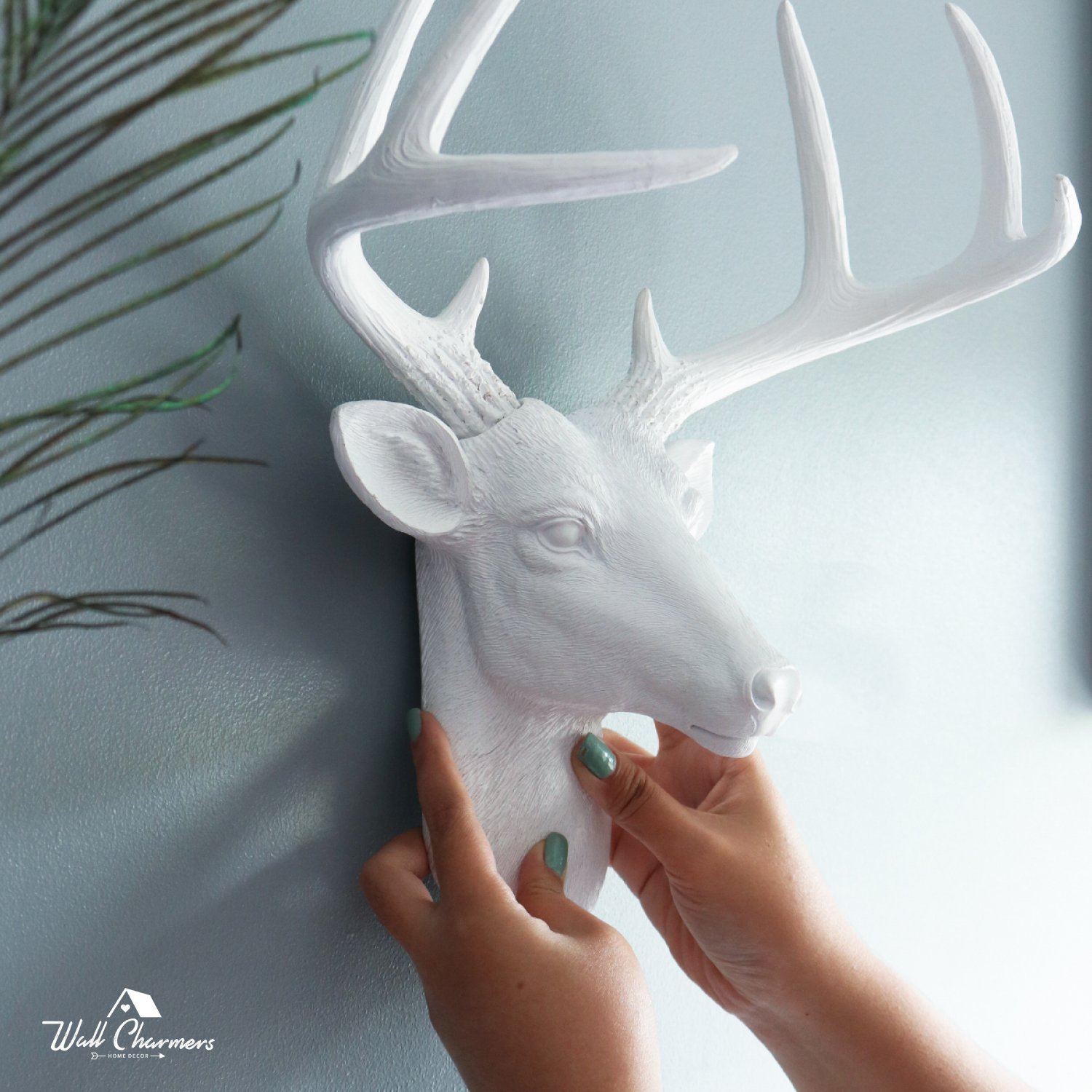 Mini White Deer Head decor, 14 inches tall, crafted from eco-friendly resin with hand-finished details and labeled antlers for easy assembly.