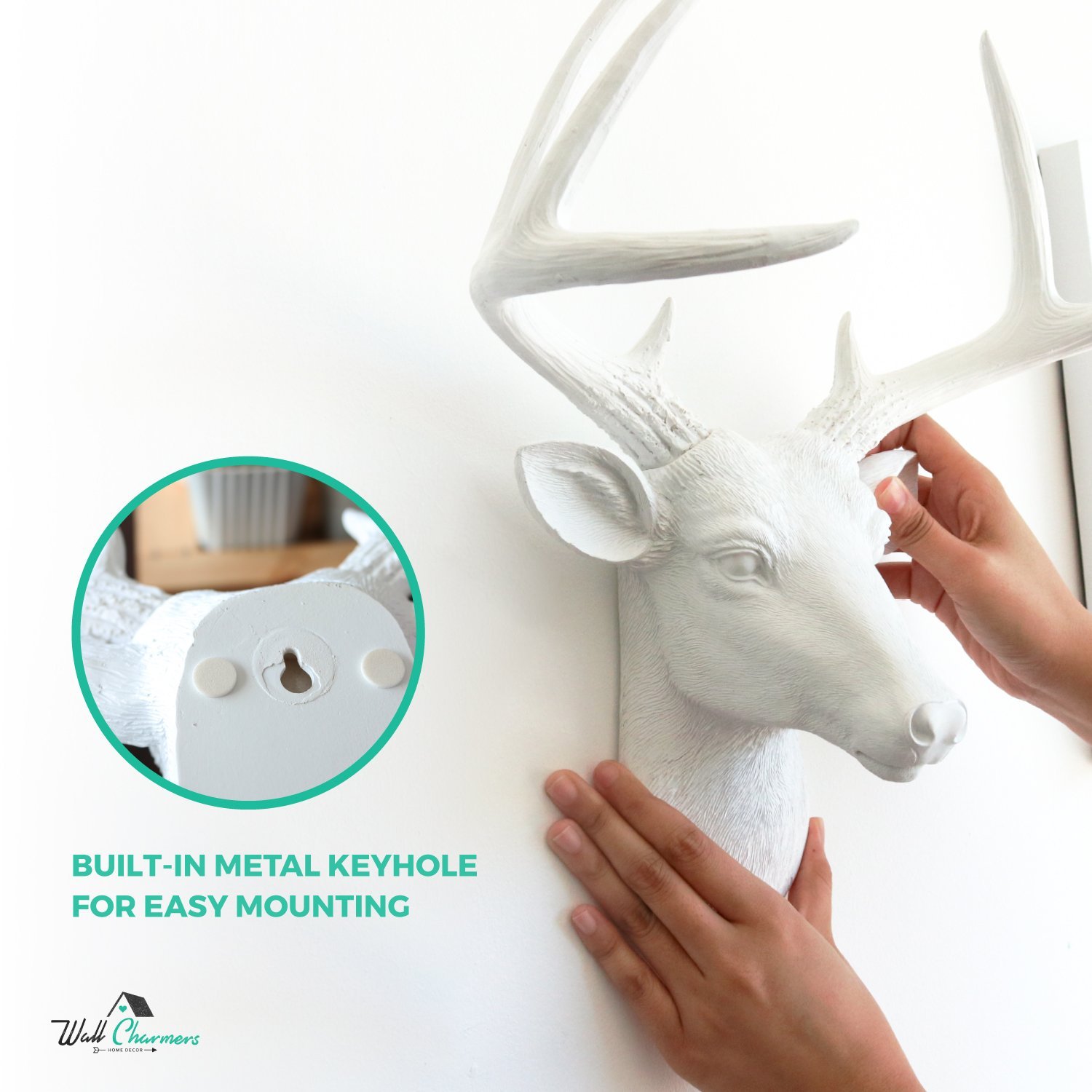 Mini White Deer Head decor, 14 inches tall, crafted from eco-friendly resin with hand-finished details and labeled antlers for easy assembly.