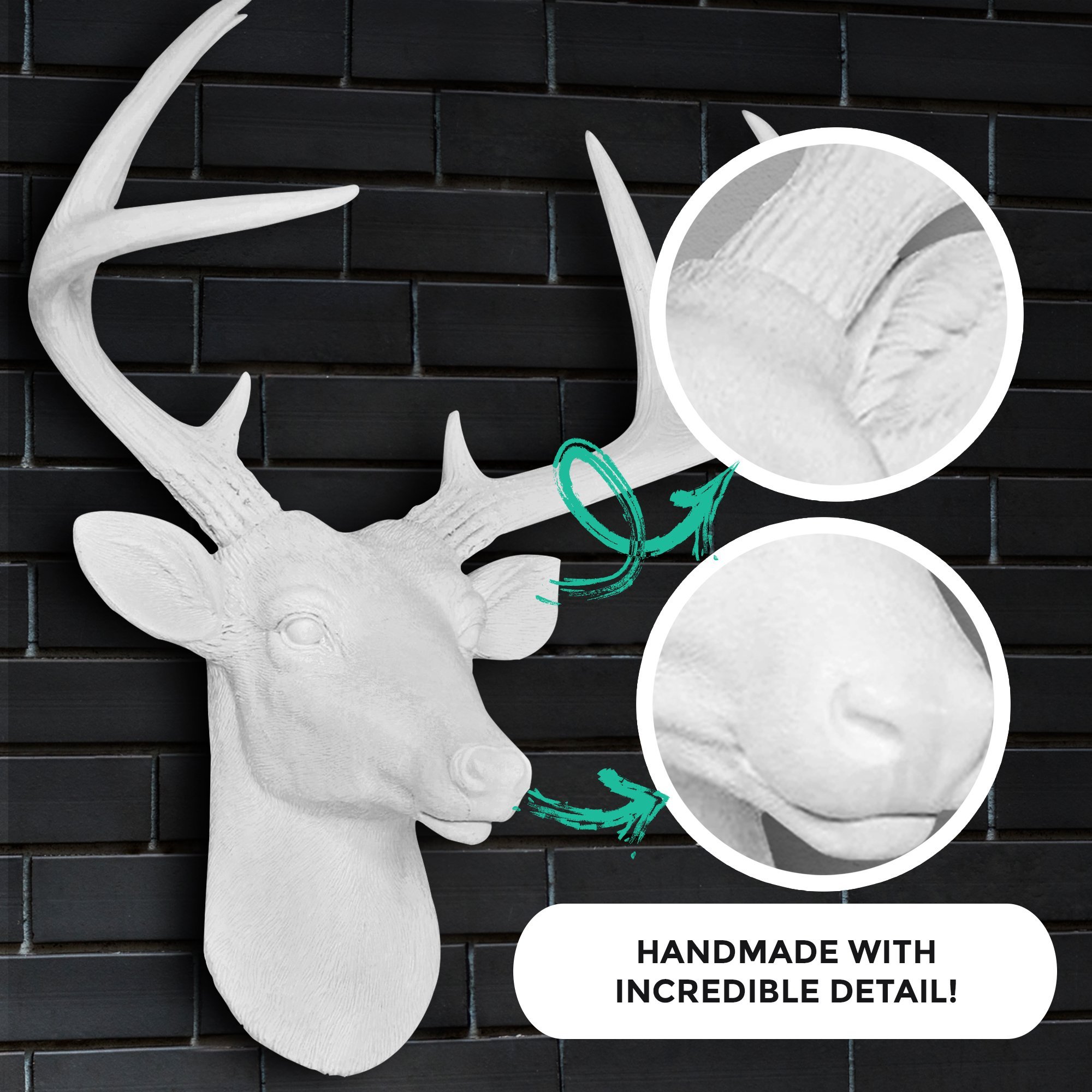 Mini White Deer Head decor, 14 inches tall, crafted from eco-friendly resin with hand-finished details and labeled antlers for easy assembly.