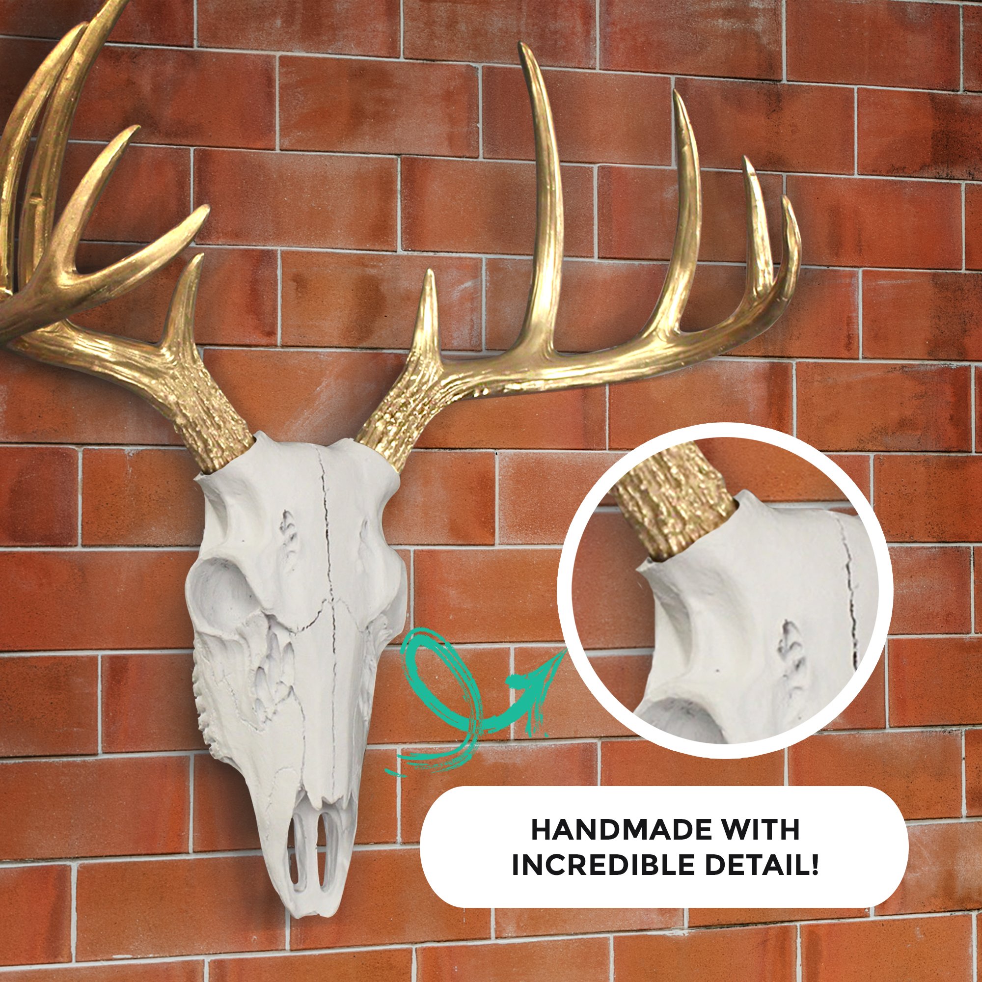 Mini White and Gold Deer Skull decor piece, handcrafted from eco-friendly resin, showcasing intricate details and a stylish design.