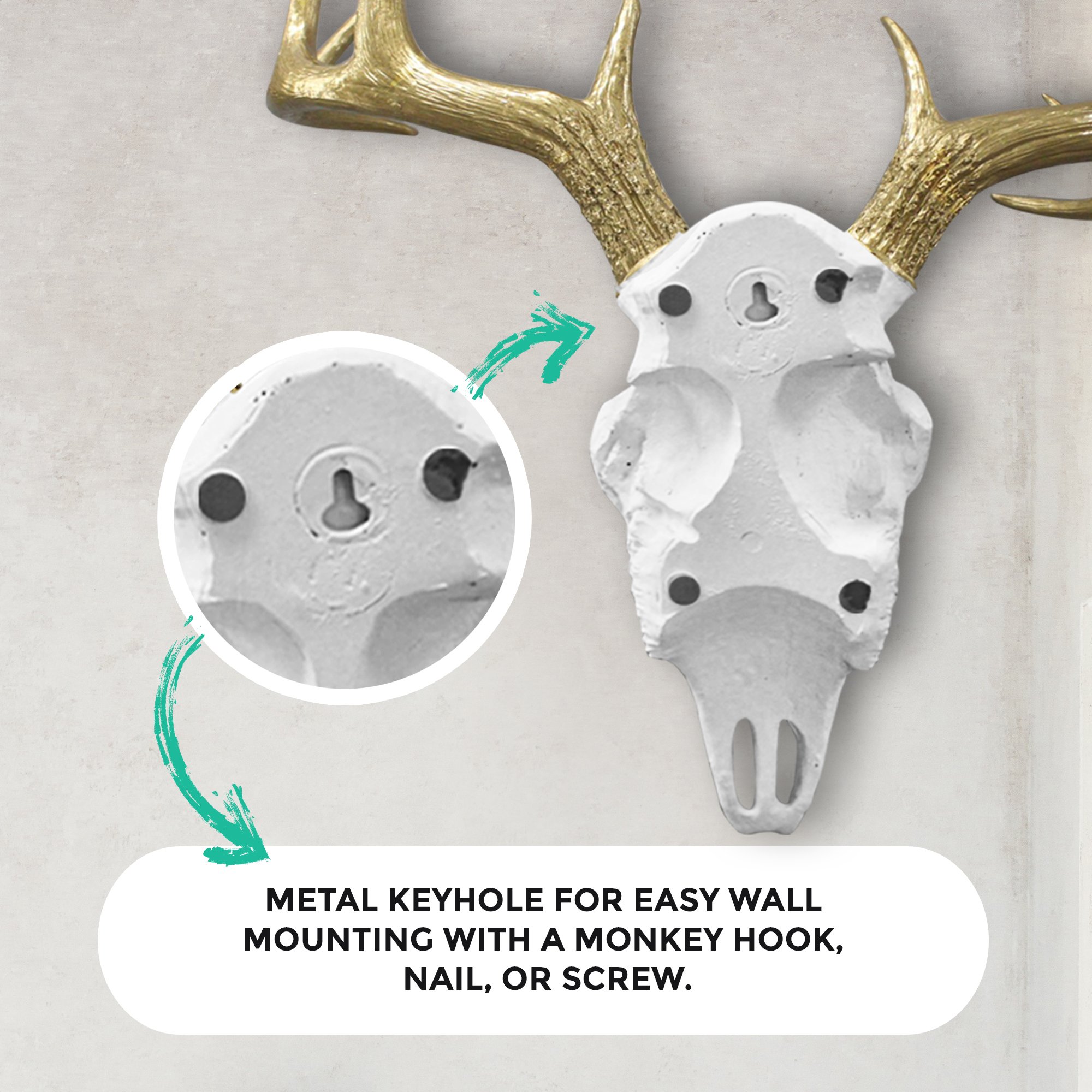 Mini White and Gold Deer Skull decor piece, handcrafted from eco-friendly resin, showcasing intricate details and a stylish design.