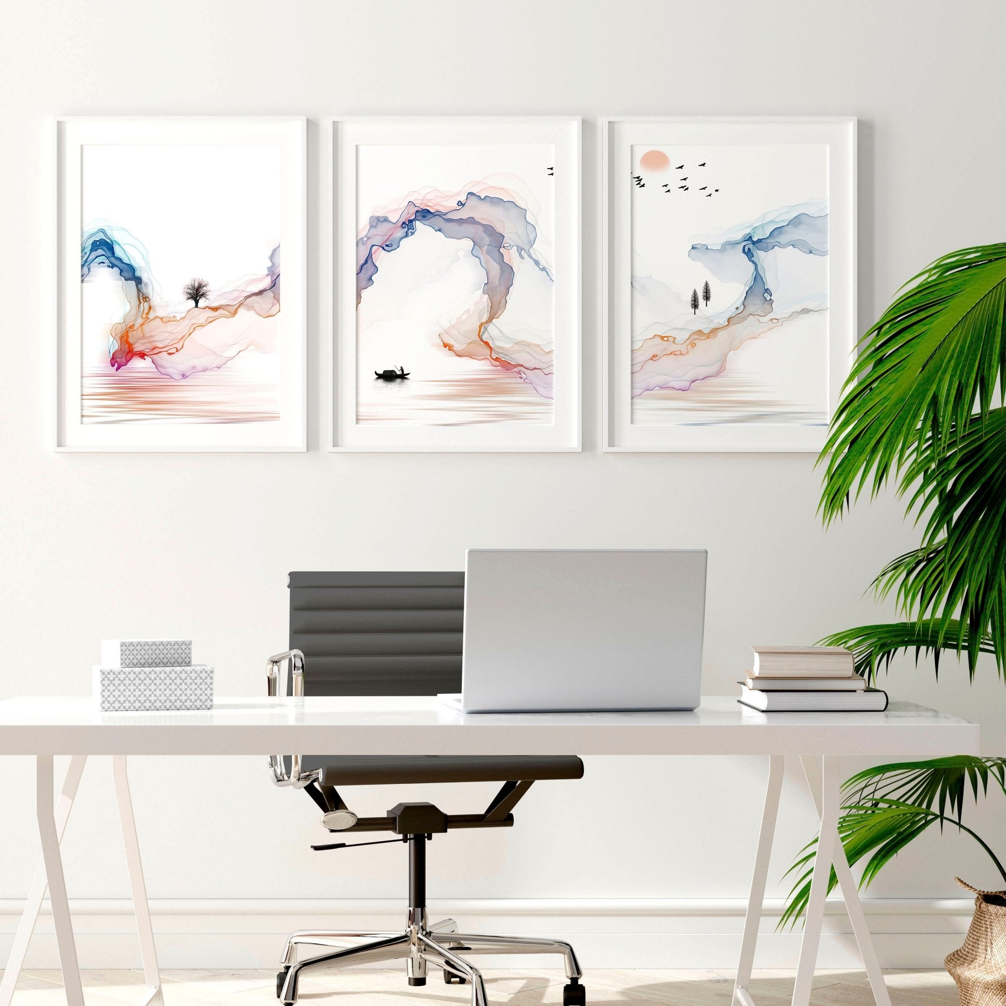 Set of 3 Japanese wall art prints featuring calming watercolour landscapes in minimalist design, perfect for office decor.