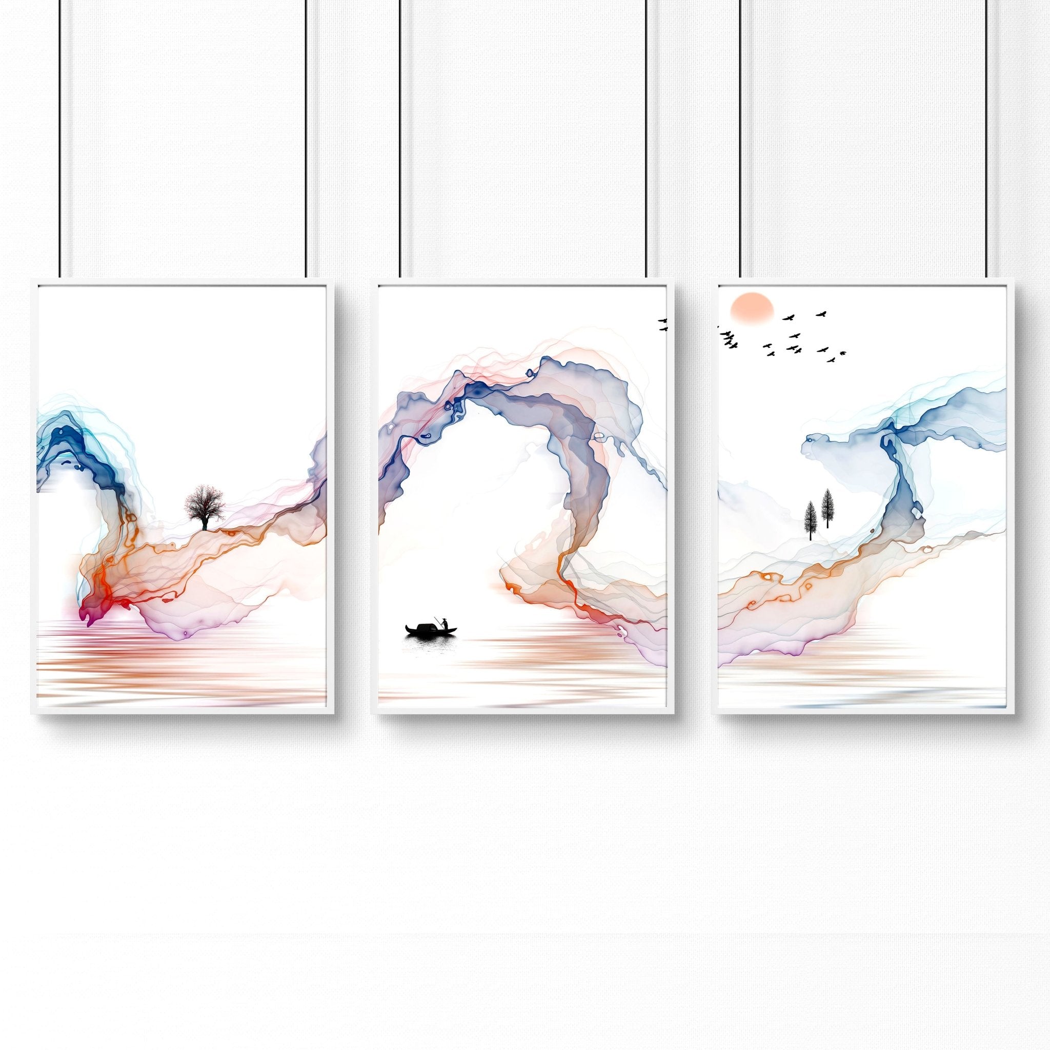 Set of 3 Japanese wall art prints featuring calming watercolour landscapes in minimalist design, perfect for office decor.