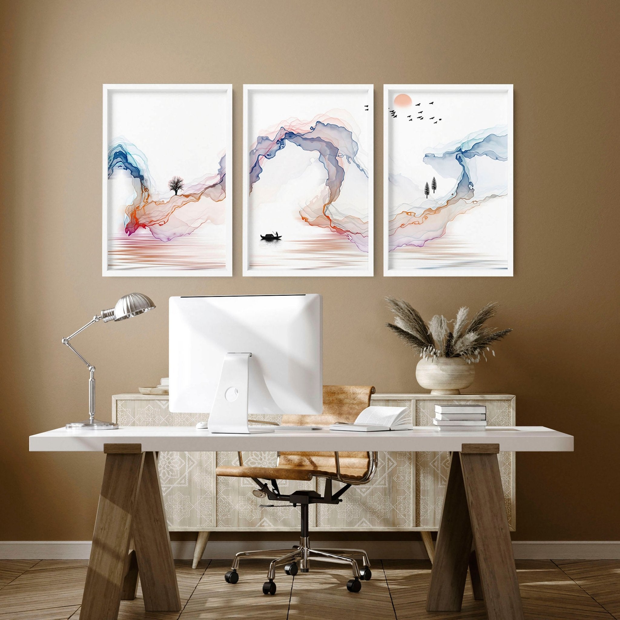 Set of 3 Japanese wall art prints featuring calming watercolour landscapes in minimalist design, perfect for office decor.