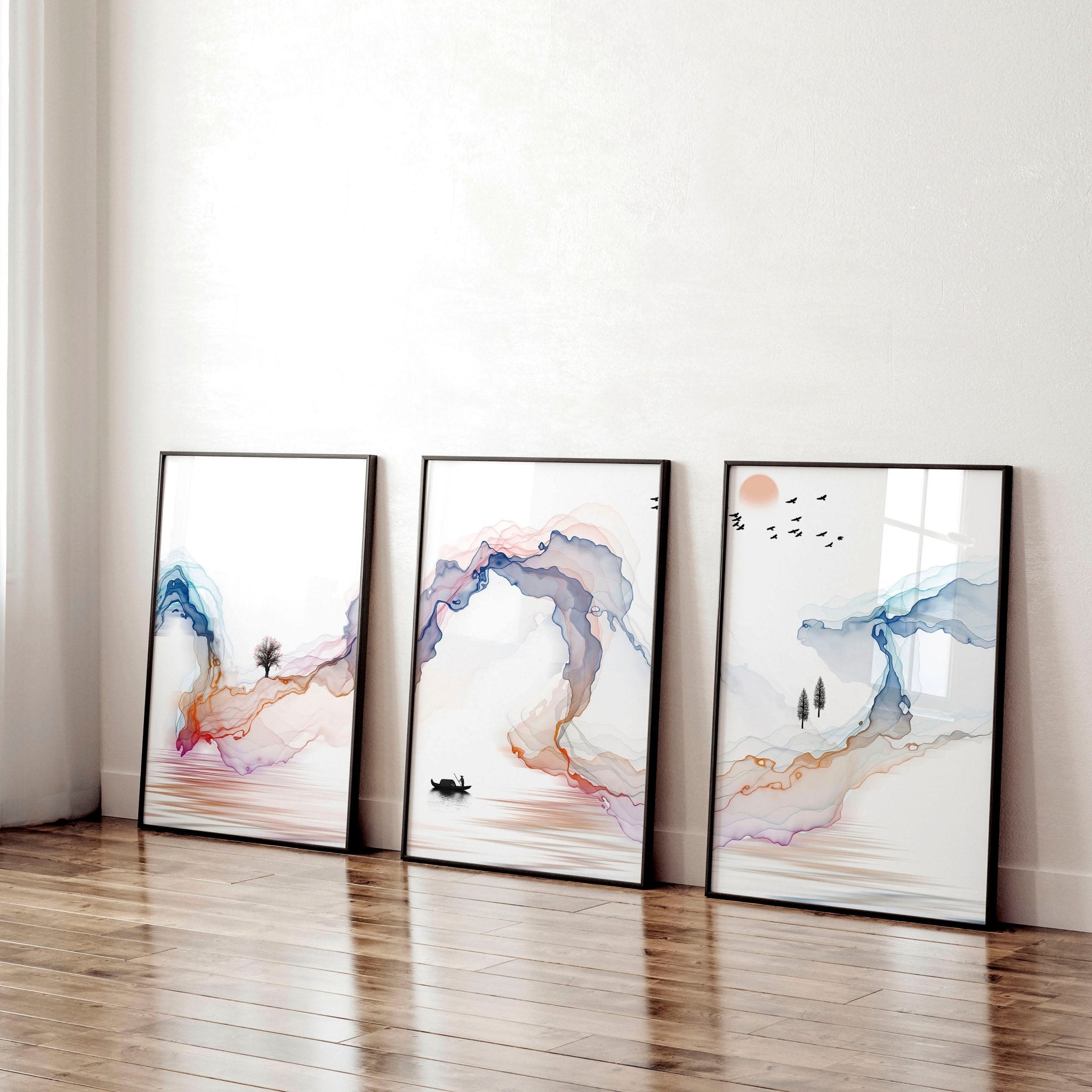 Set of 3 Japanese wall art prints featuring calming watercolour landscapes in minimalist design, perfect for office decor.