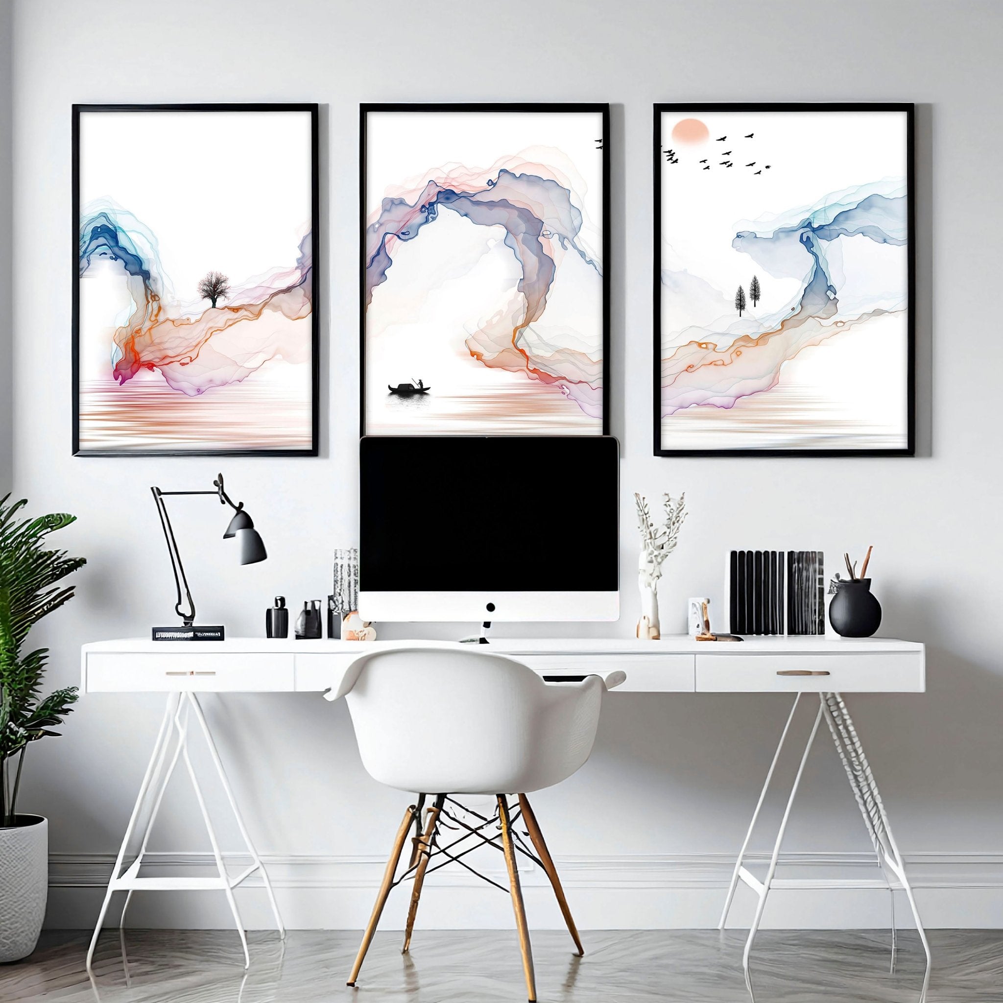 Set of 3 Japanese wall art prints featuring calming watercolour landscapes in minimalist design, perfect for office decor.