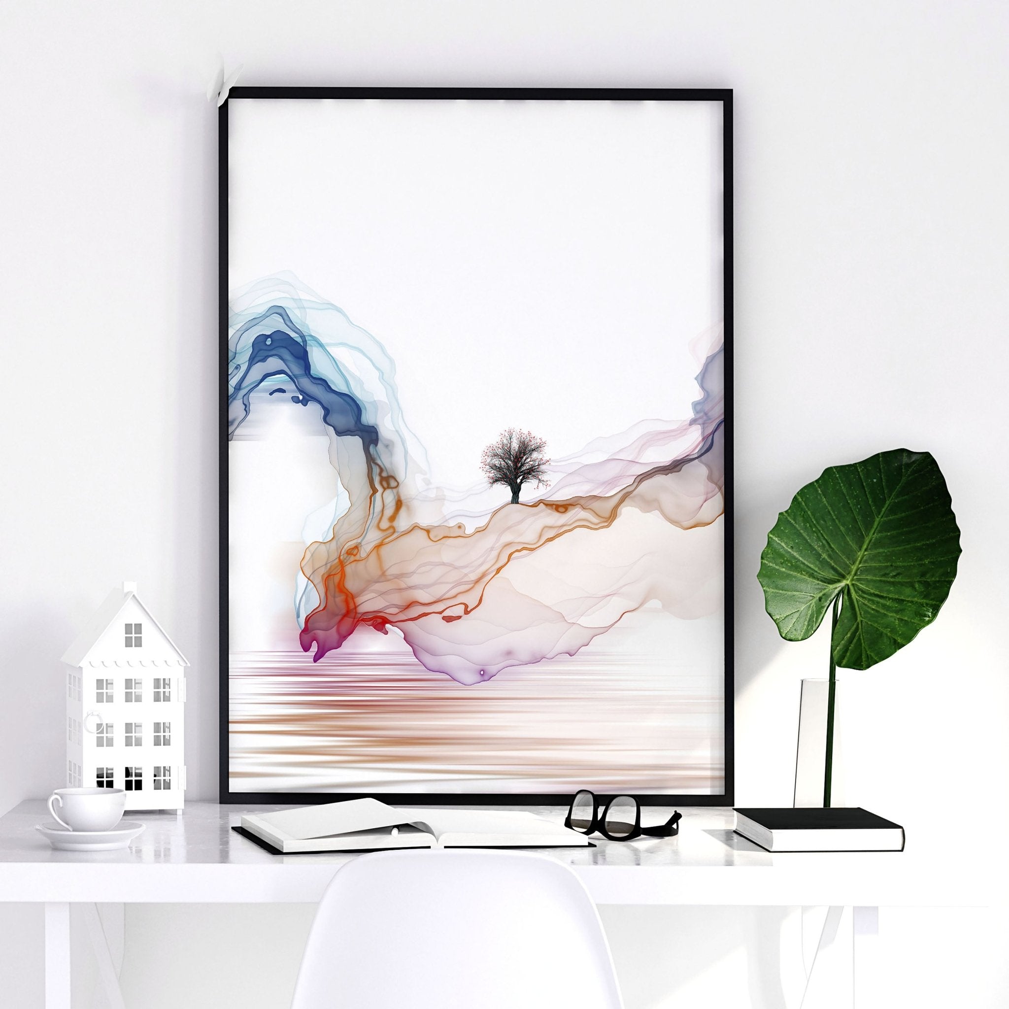 Set of 3 Japanese wall art prints featuring calming watercolour landscapes in minimalist design, perfect for office decor.