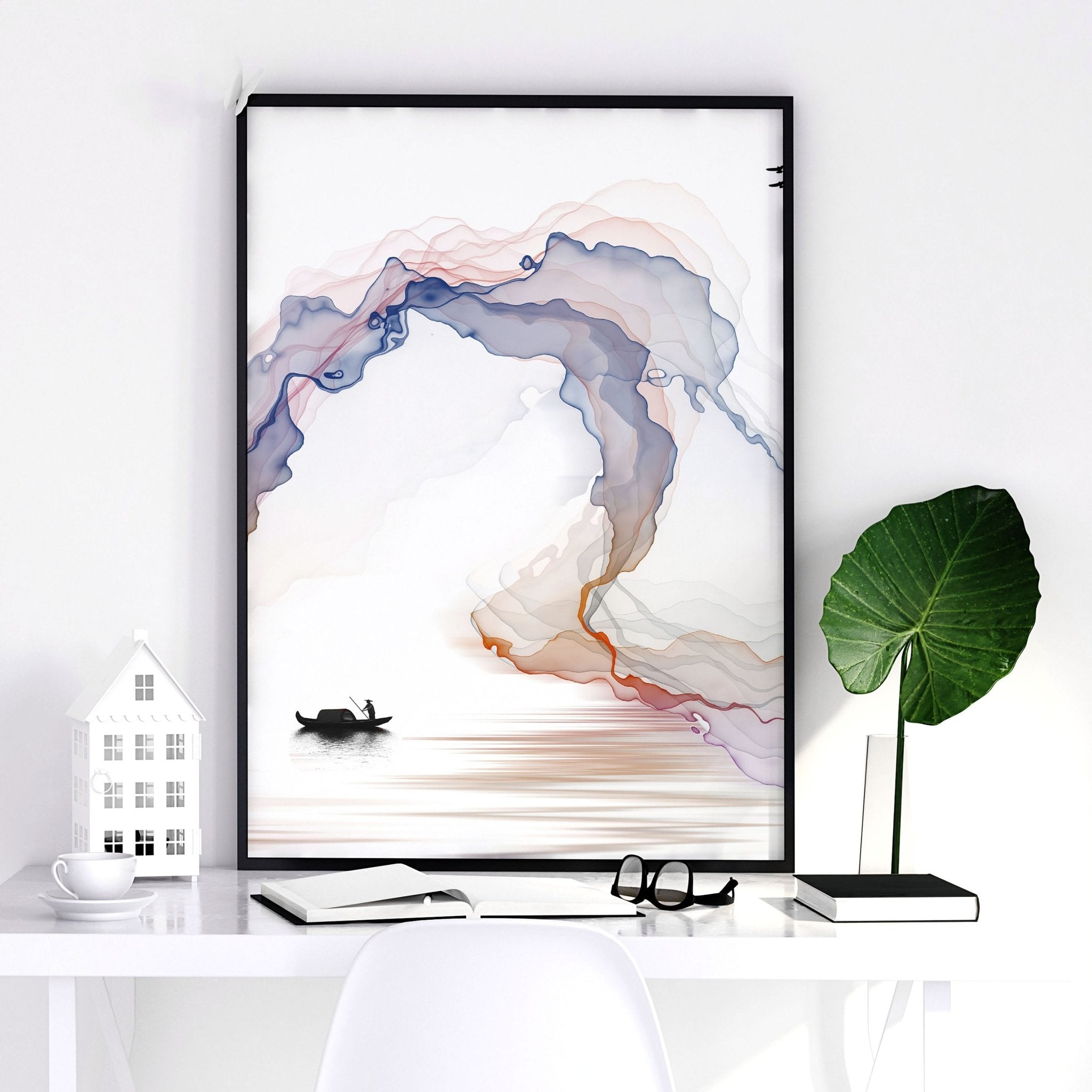 Set of 3 Japanese wall art prints featuring calming watercolour landscapes in minimalist design, perfect for office decor.