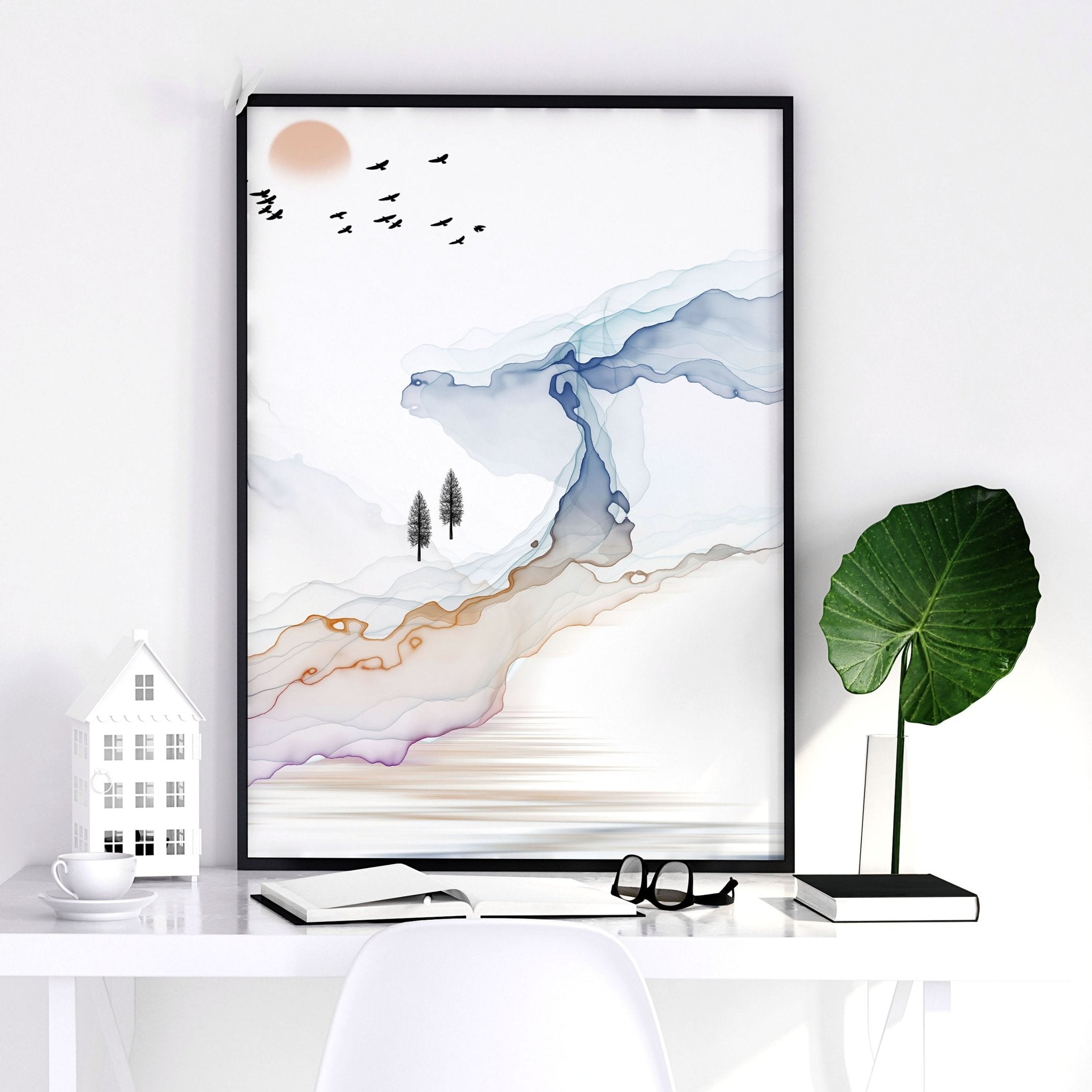 Set of 3 Japanese wall art prints featuring calming watercolour landscapes in minimalist design, perfect for office decor.