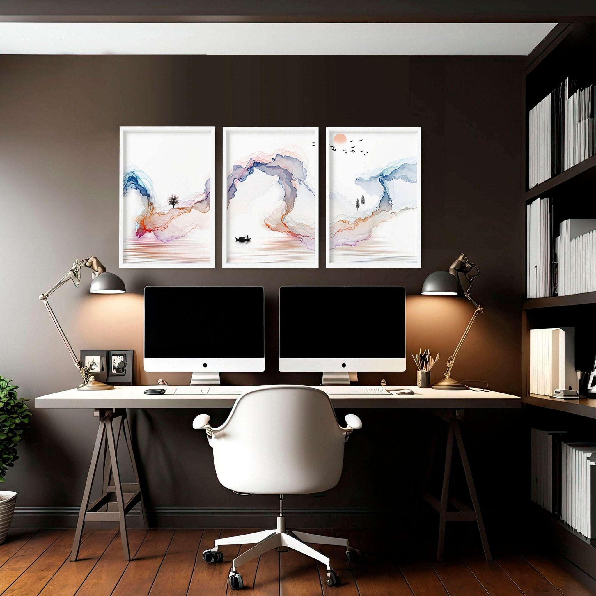 Set of 3 Japanese wall art prints featuring calming watercolour landscapes in minimalist design, perfect for office decor.