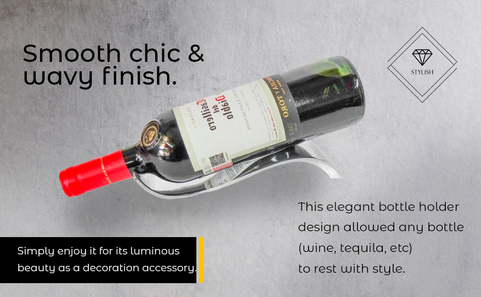 A sleek, minimalist bottle holder made of recycled aluminum with a wavy design, elegantly displaying a bottle.