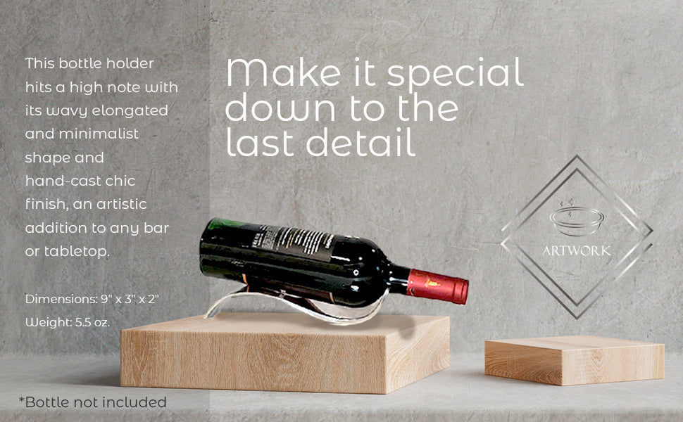 A sleek, minimalist bottle holder made of recycled aluminum with a wavy design, elegantly displaying a bottle.