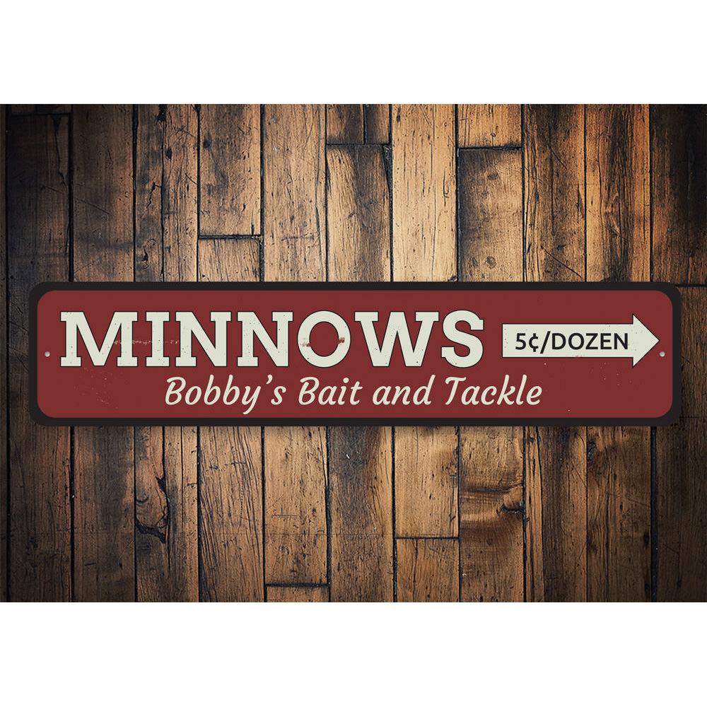 A decorative Minnows Sign made of high-quality aluminum, featuring a unique design perfect for lakehouse decor.