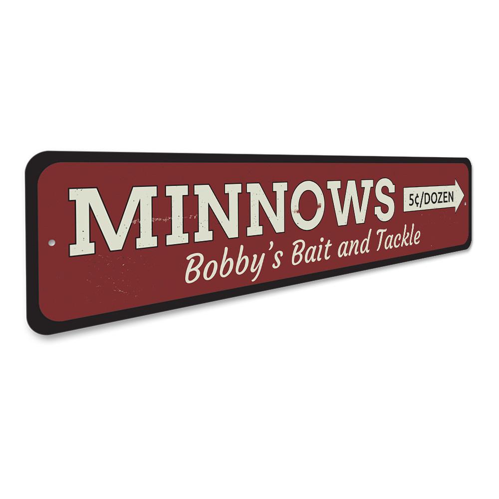 A decorative Minnows Sign made of high-quality aluminum, featuring a unique design perfect for lakehouse decor.