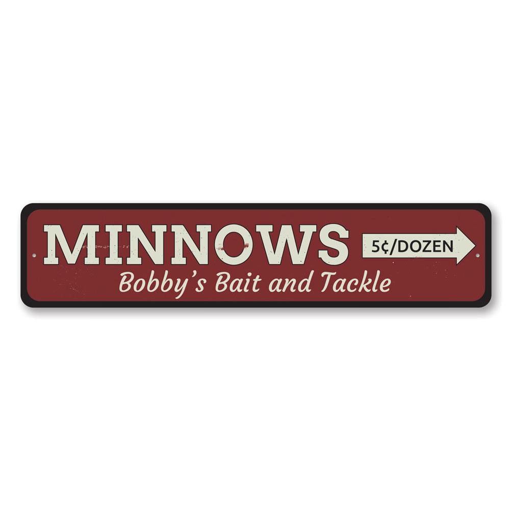 A decorative Minnows Sign made of high-quality aluminum, featuring a unique design perfect for lakehouse decor.