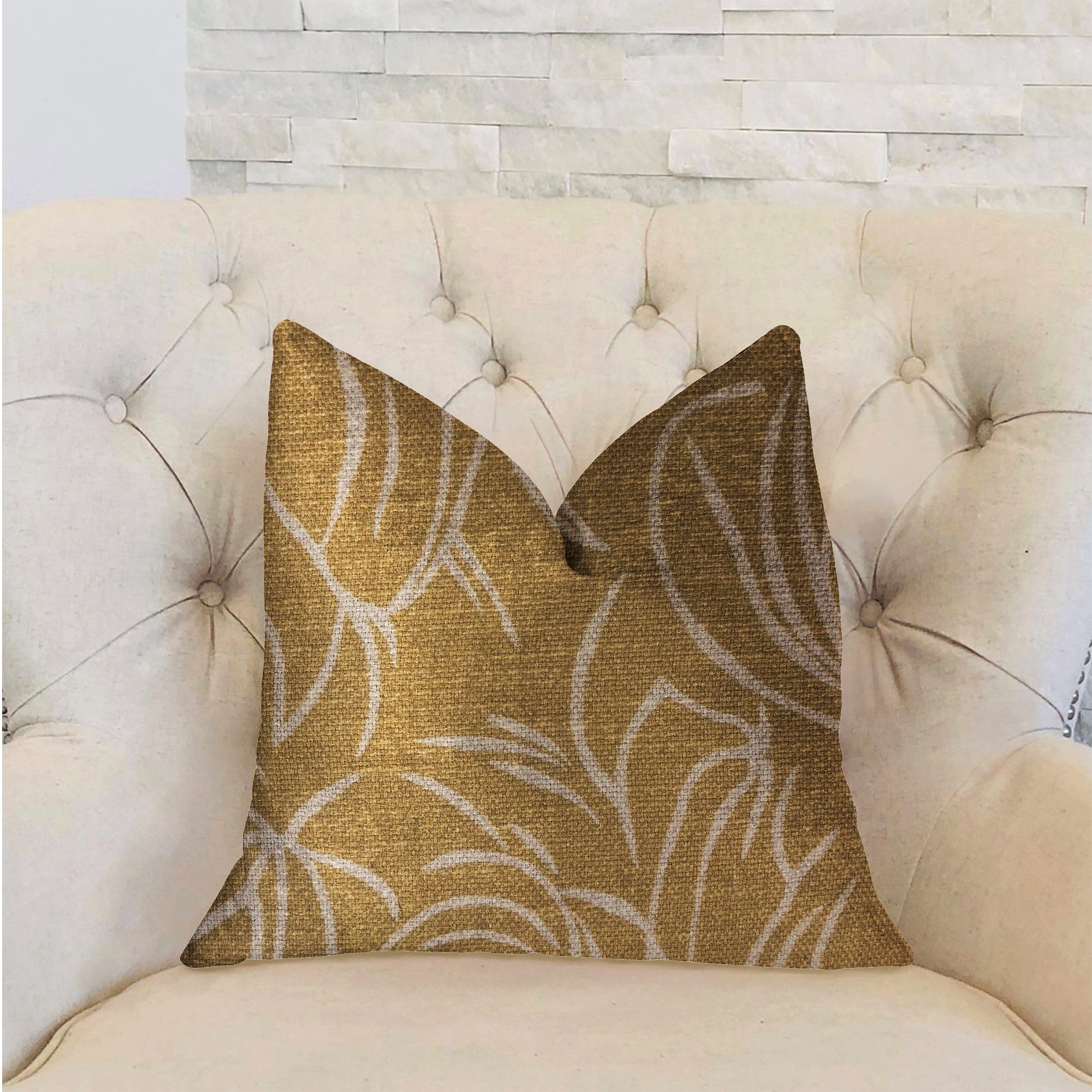 Mira Mirage Gold Luxury Throw Pillow featuring a rich gold color, double-sided design, and invisible zipper, handmade in the USA.