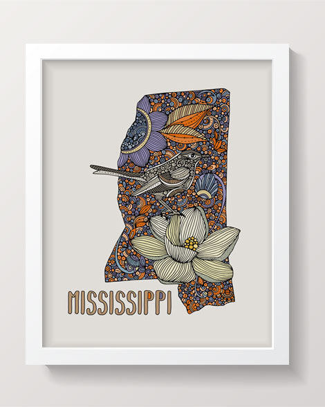 Archival art print of Mississippi State Map featuring the Northern Mockingbird and Magnolia flower, signed by the artist.