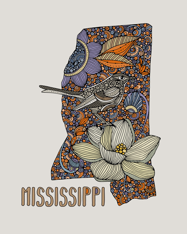 Archival art print of Mississippi State Map featuring the Northern Mockingbird and Magnolia flower, signed by the artist.