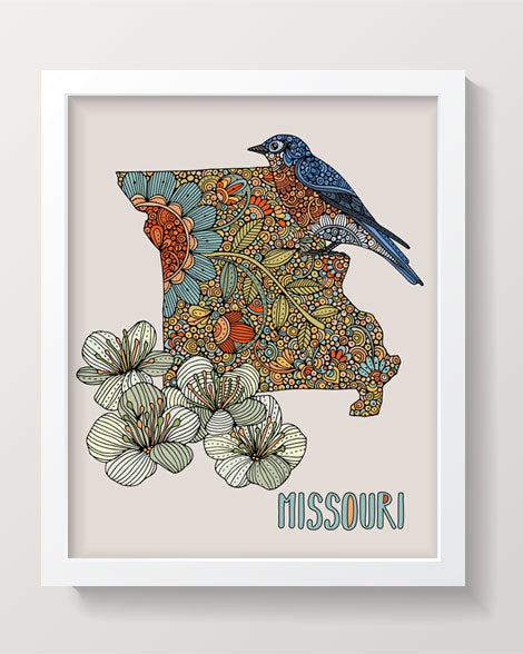 Archival art print of Missouri State Map featuring Eastern bluebird and Crataegus punctata, 8x10 inches on matte card stock.