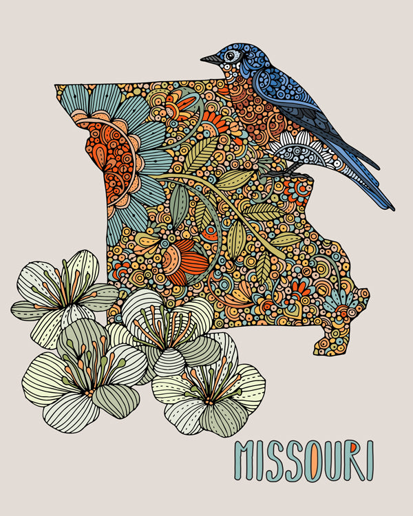 Archival art print of Missouri State Map featuring Eastern bluebird and Crataegus punctata, 8x10 inches on matte card stock.