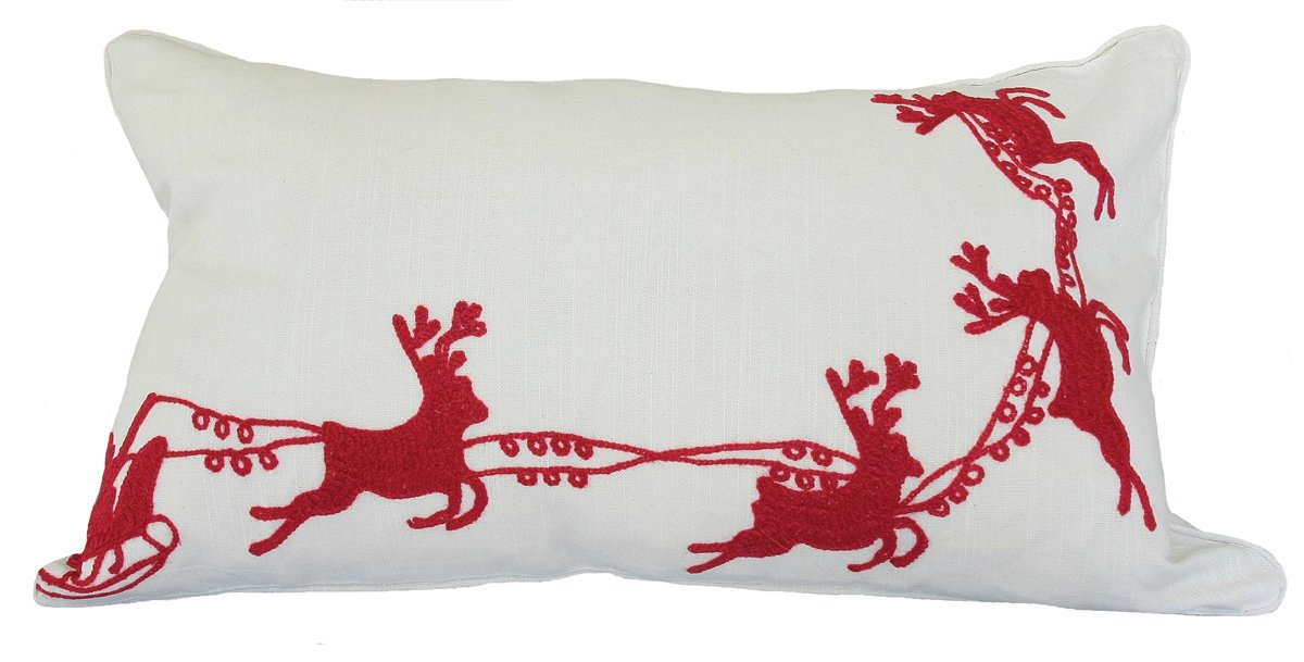 ML10107D Santa's Sleigh & Reindeer Pillow featuring crewel embroidery in holiday colors, measuring 14x24 inches.