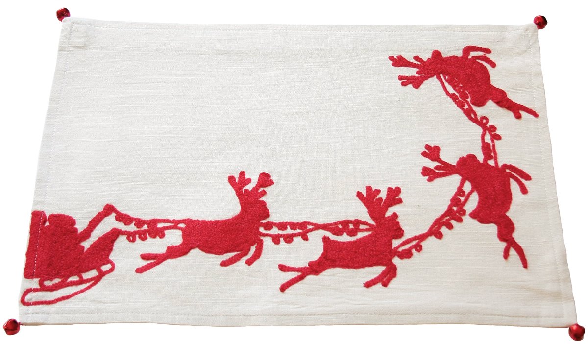 Santa's Sleigh & Reindeer Placemat featuring crewel embroidery and red jingle bell accents, perfect for holiday dining.