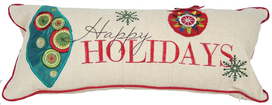 ML10199A Happy Holidays Pillow with intricate embroidery on natural muslin, featuring piped edges and textured ribbon embellishments.