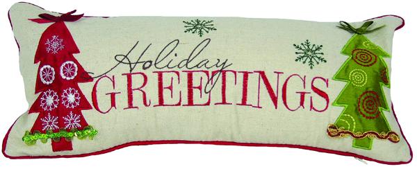 ML10199C Holiday Greetings Pillow with intricate embroidery on natural muslin, featuring piped edges and a cozy design.