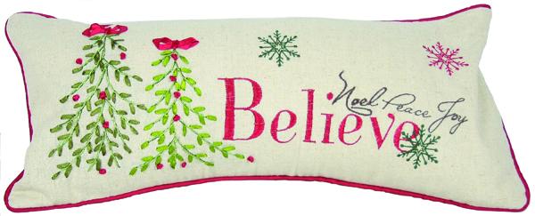 ML10220 Believe Christmas Tree Pillow with intricate embroidery on natural muslin, featuring piped edges and textured ribbon embellishments.