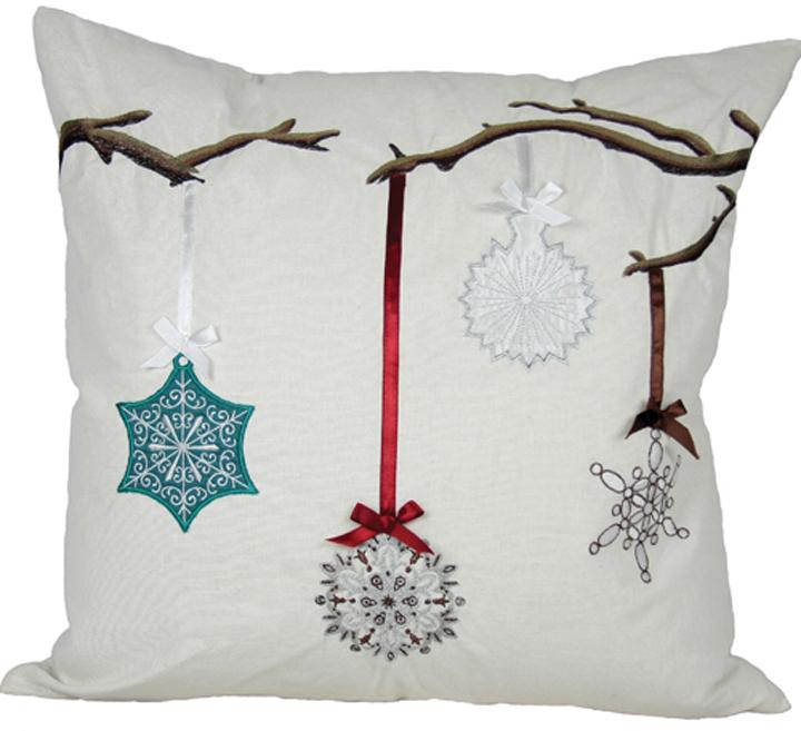 ML10242 Limb Ornament Holiday Pillow featuring colorful embroidered ornaments on a white background, perfect for festive home decor.