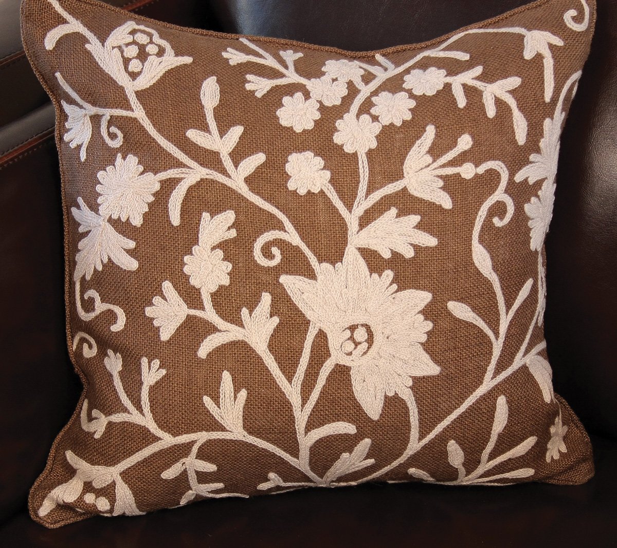 ML11030 Vine Jute Pillow featuring intricate vine embroidery on burlap fabric, available in coffee and natural colors.